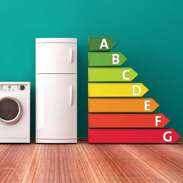 Waschmaschine und Kühlschrank mit den Stufen der Energieeffizienzklassen.