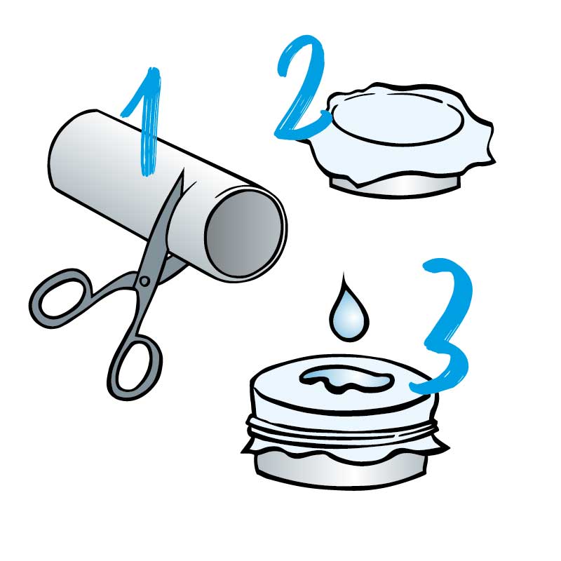 Illustration: Bastelschritte von eins bis drei für eine Wasserlupe.