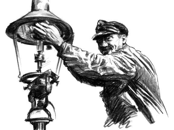 Zeichnung von einem Mann an einer Gaslaterne